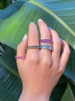 18K Solid Gold Pink Sapphire Emerald Cut Eternity Band - Image 3