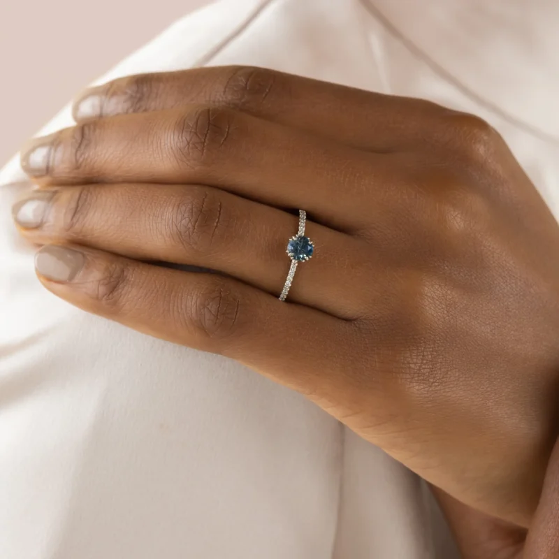 14k solid gold threaded ring with pave band 0 65ct greenish blue sapphire ring tig30 1