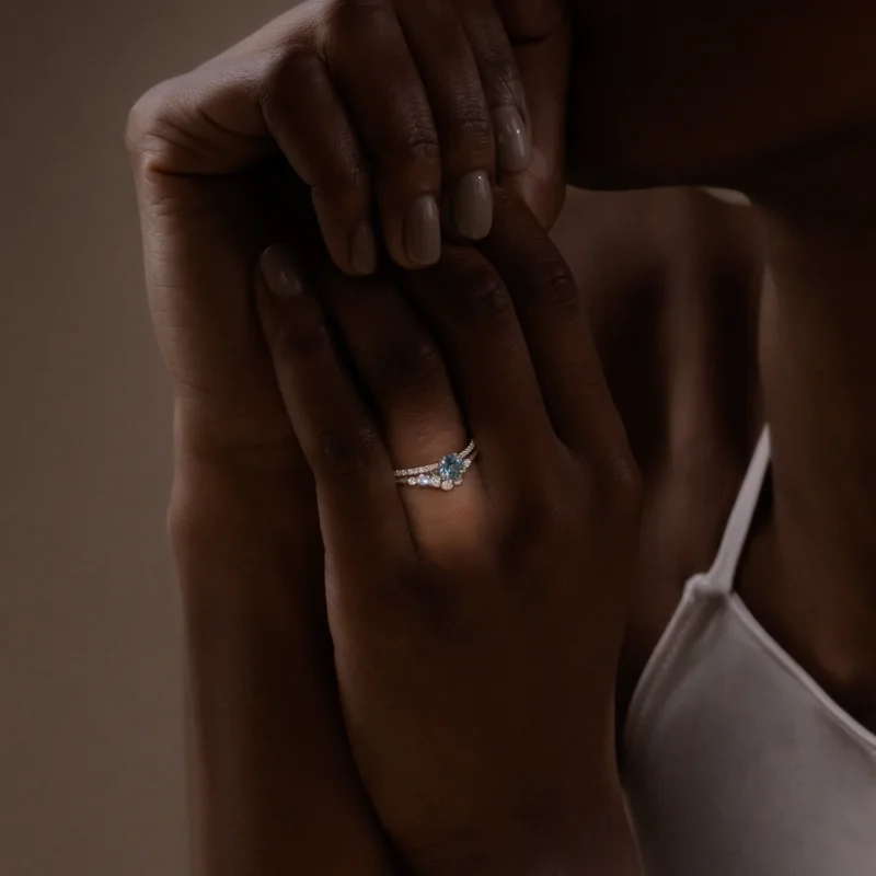 14k solid gold threaded ring with pave band 0 65ct greenish blue sapphire ring tig30 2