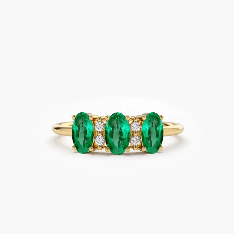 14k solid gold triple oval emerald diamond ring 15 210 1
