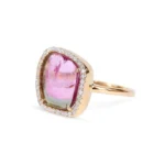 18K Solid Gold Sliced Watermelon Tourmaline Ring With Diamond Surround