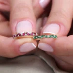 18K Solid Gold Slanted Ruby and Round Diamond Ring - Image 4