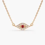14K Solid Gold Diamond and Ruby Evil Eye Necklace - Image 6