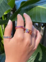 18K Solid Gold Rainbow Emerald Cut Eternity Band - Image 2