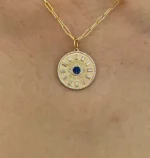 14K Solid Gold Peace & amp; Protection Baguette Diamond And Sapphire Evil Eye Talisman - Image 6
