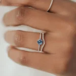 14K Solid Gold Threaded Ring with Pave Band, 0.65ct. Greenish Blue Sapphire Ring - Image 4