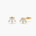 18k Solid Gold Baguette and Round Diamond Spike Studs