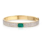 14K Solid Gold Pave Diamond Oval Bracelet With Emerald Center Stone