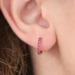 14K Solid Gold Ruby Heggie Hoop Earrings - Image 2