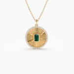 14K Solid Gold Emerald and Diamond Medallion Necklace - Image 7