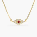 14K Solid Gold Diamond and Ruby Evil Eye Necklace