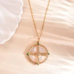 18k Solid Gold Mother Of Pearl Pendant/Natural Diamond Accents/Pearl Medallion Pendant  Charm