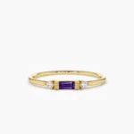 14K Solid Gold Baguette Amethyst With Diamond Ring