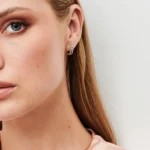 14K Solid Gold Sapphire and Round Diamond Hoop Earrings - Image 2