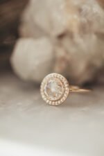 14k Solid Gold Round Rose Cut Lab-Grown Diamond with .11 ct Diamond Halo Ring - Image 4