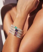 14K Solid Gold Pave Diamond Oval Bracelet With Emerald Center Stone - Image 2