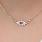 14K Solid Gold Diamond and Ruby Evil Eye Necklace - Image 5