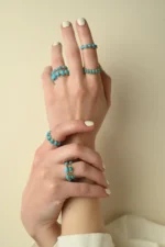 18K Solid Gold Round Turquoise Half Eternity Band Ring - Image 8