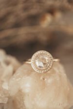 14k Solid Gold Round Rose Cut Lab-Grown Diamond with .11 ct Diamond Halo Ring
