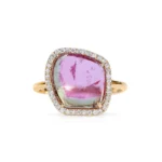 18K Solid Gold Sliced Watermelon Tourmaline Ring With Diamond Surround - Image 2