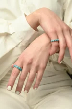 18K Solid Gold Round Turquoise Half Eternity Band Ring - Image 7