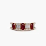 18K Solid Gold Baguette & Round Diamond with Genuine Ruby Ring