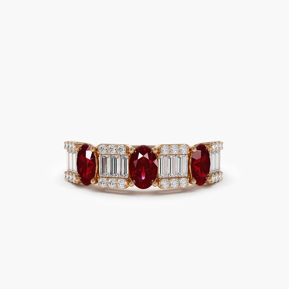 400548_96c8bbd06f664fbaa7e0af6530593bffmv2.webp 18K Solid Gold Baguette & Round Diamond with Genuine Ruby Ring - Image 1