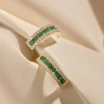18k Solid Gold Emerald and Round Diamond Hoop Earrings