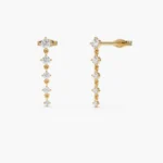 14K Solid Gold Dangling 4 Prong Diamond Drop Earrings - Image 2