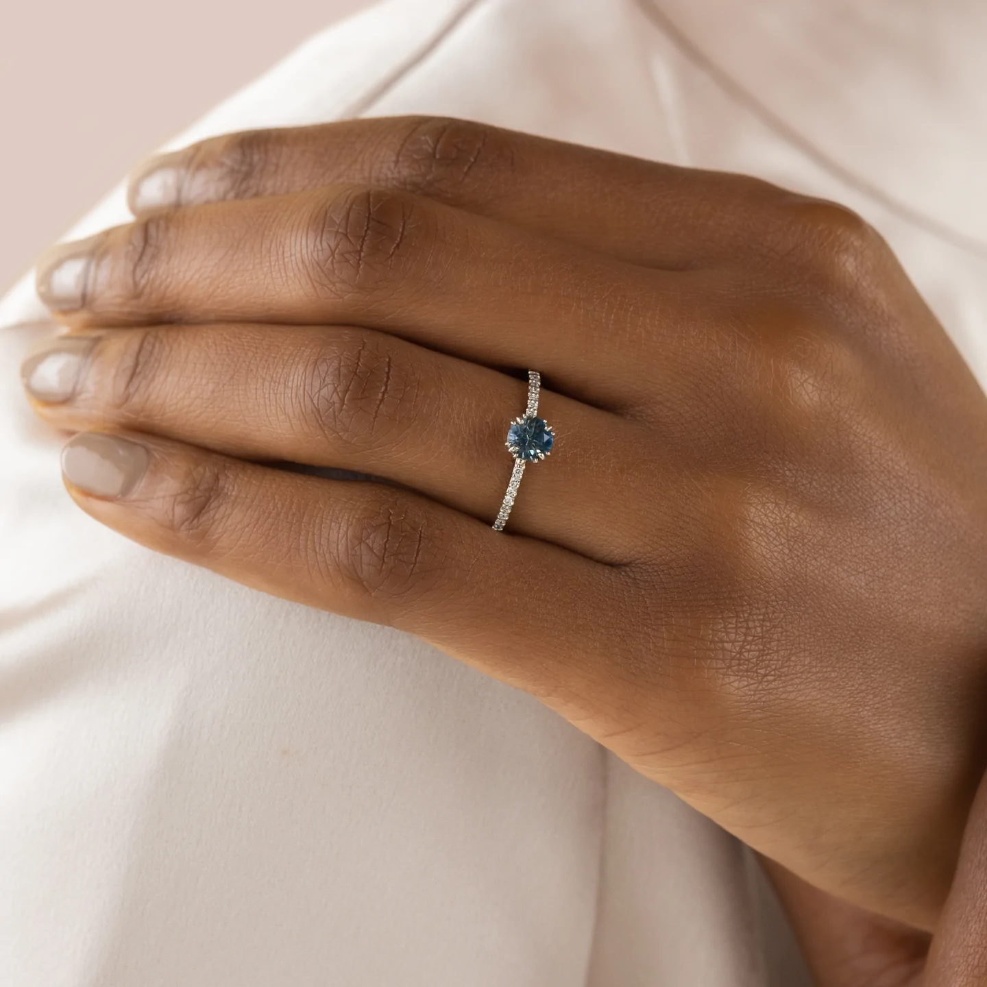 400548_ab39ab934fb94a978a469a51d887949dmv2.webp 18K Solid Gold Threaded Ring with Pave Band, 0.65ct. Greenish Blue Sapphire Ring - Image 1