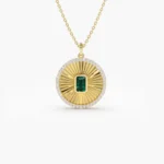 14K Solid Gold Emerald and Diamond Medallion Necklace - Image 9
