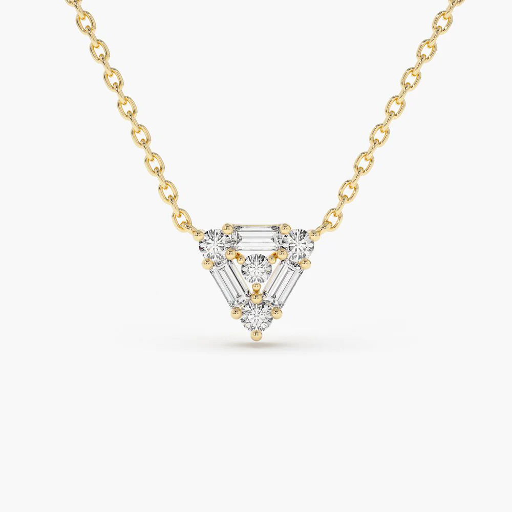 400548_bd387e77a538421a9dc866a114906a1fmv2.webp 14K Solid Gold Triangle Shaped Round and Baguette Diamond Necklace - Image 1