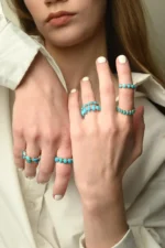 18K Solid Gold Round Turquoise Half Eternity Band Ring - Image 3