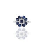 14K Solid Gold Blue Sapphire And Flower Diamond Ring - Image 2