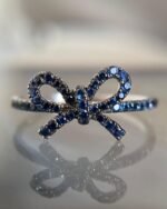 14K Solid Gold Natural Blue Sapphire Bow Ring - Image 2