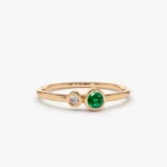 14K Solid Gold Bezel Setting Emerald and Diamond Ring - Image 3