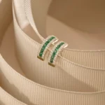 18k Solid Gold Emerald and Round Diamond Hoop Earrings - Image 4