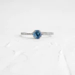 14K Solid Gold Threaded Ring with Pave Band, 0.65ct. Greenish Blue Sapphire Ring - Image 5