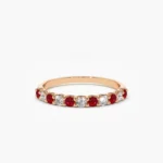 18K Solid Gold Shared Prong Ruby & Diamond Wedding Ring - Image 4