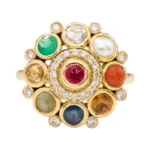 18K Solid Gold Nine Precious Gems "Nav ratan" Statement Ring For Women