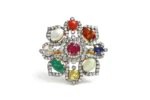 14K Solid Gold Nine Precious Gems Fashion Ring in Art Deco Style