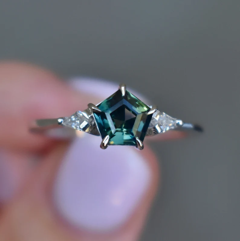 14k gold pentagon parti sapphire ring with moissanites ring ms 126 1