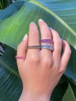 18K Solid Gold Pink Sapphire Emerald Cut Eternity Band - Image 2