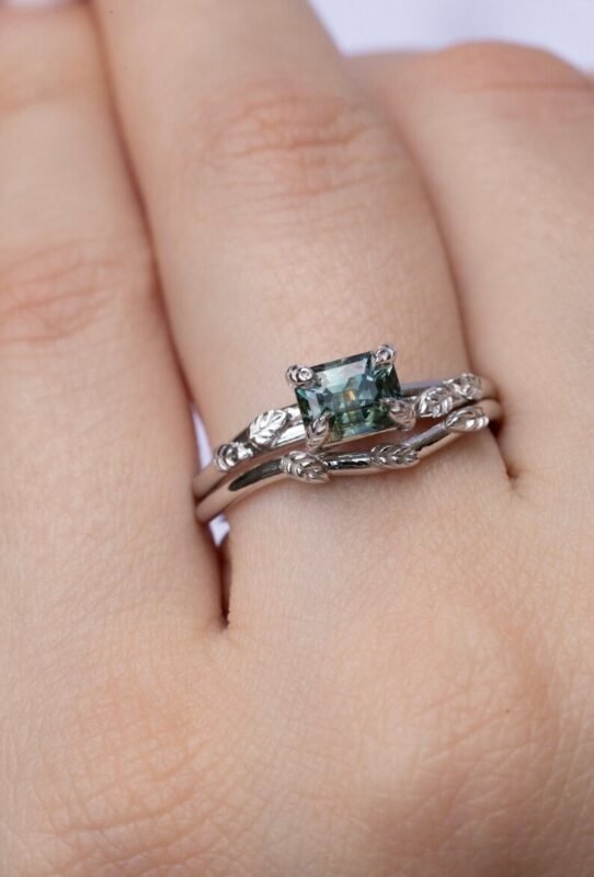 14k solid gold teal green sapphire leaf engagement ring set ms 80 1