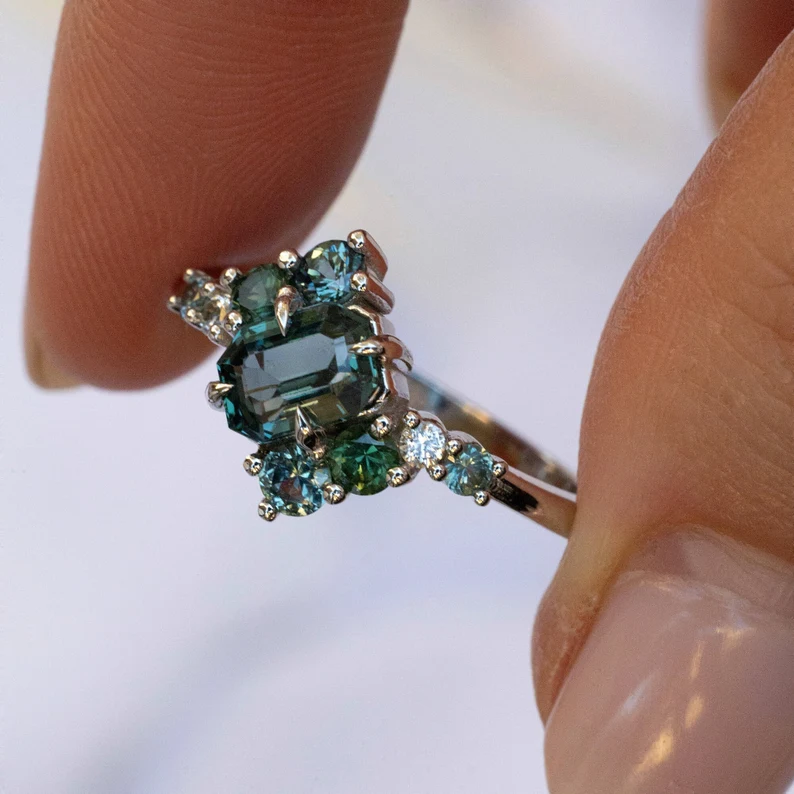 14k solid gold teal sapphire cluster ring ms 101 2