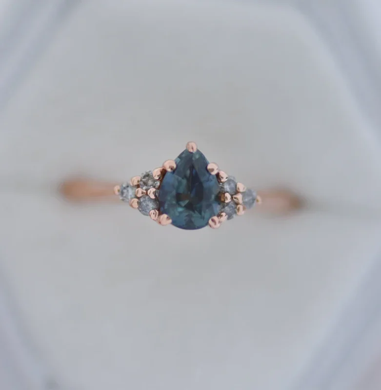 14k solid gold teal sapphire engagement ring with salt and pepper diamonds ms 33 2