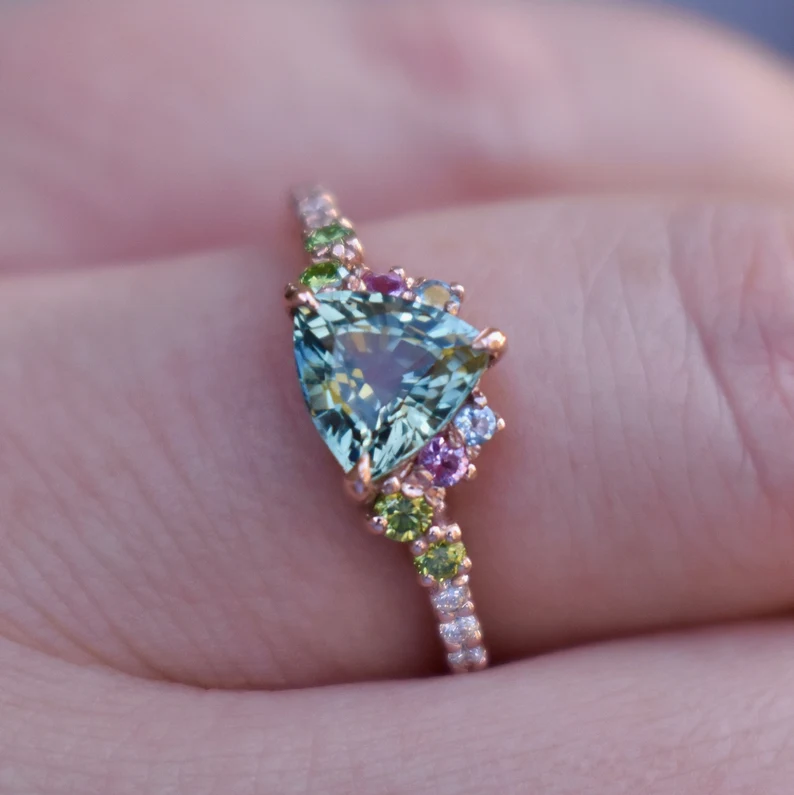 14k solid gold trillion shape parti sapphire engagement ring ms 113 1