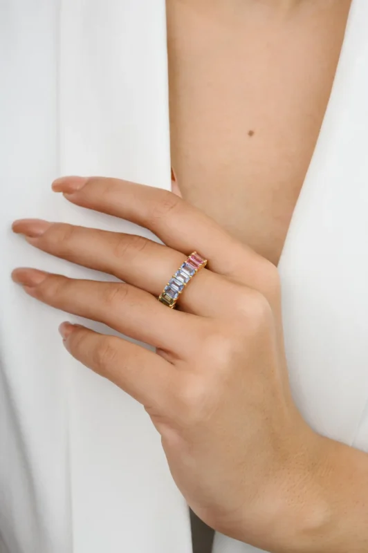 18k solid gold 7 4 carat octagon rainbow sapphire eternity band ring for women ha0006 2